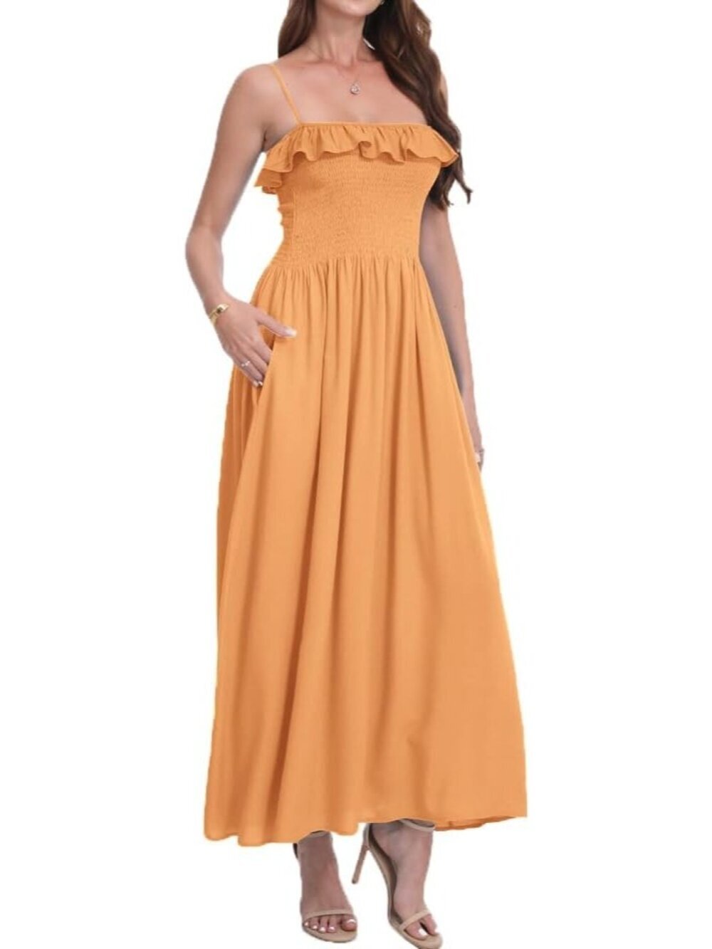 Women's Light Orange Sleeveless Spaghetti Strap Smocked Beach Boho Maxi Dress